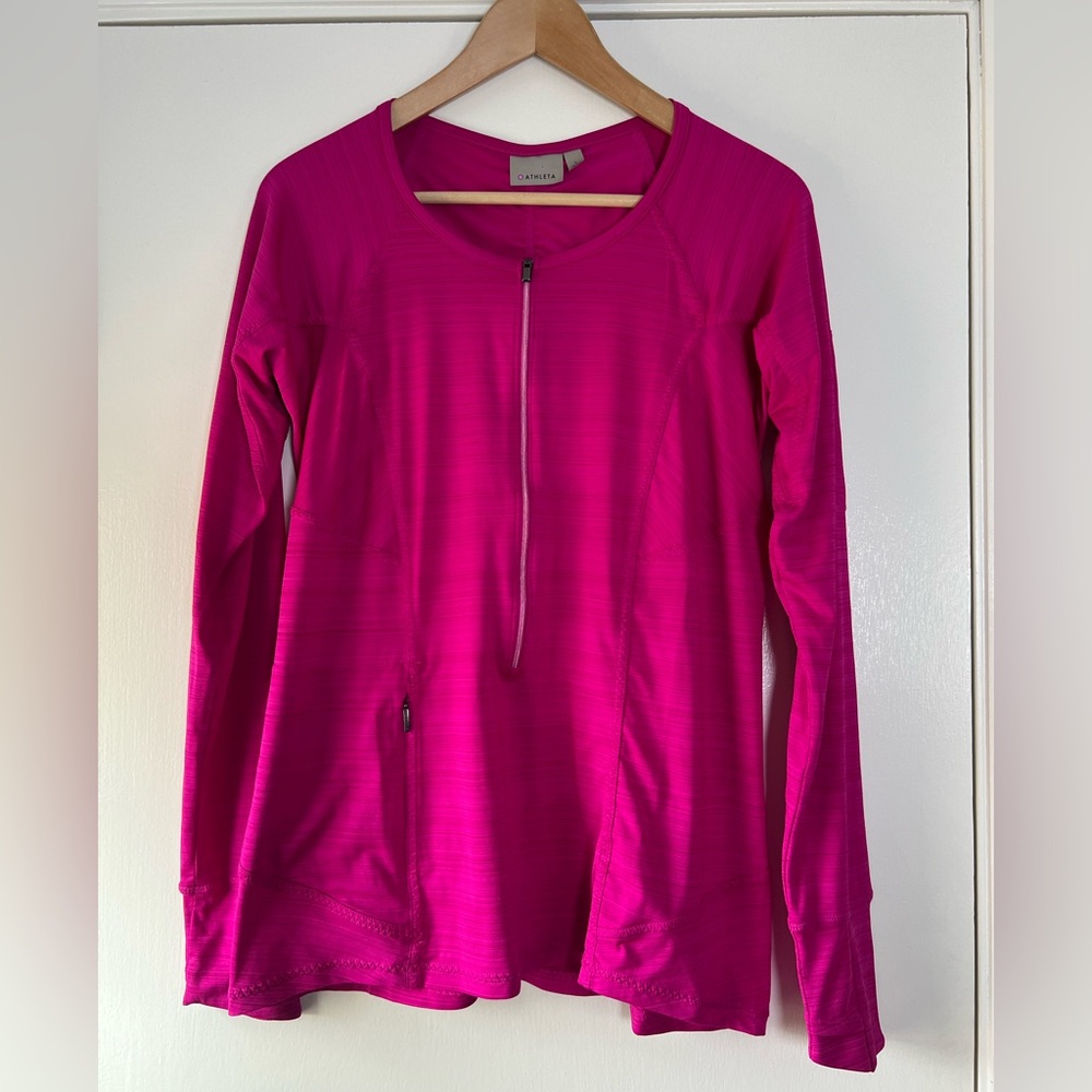 Athleta Zip Front Ruched Back Workout Yoga Athletic Top Vibrant Magenta Large